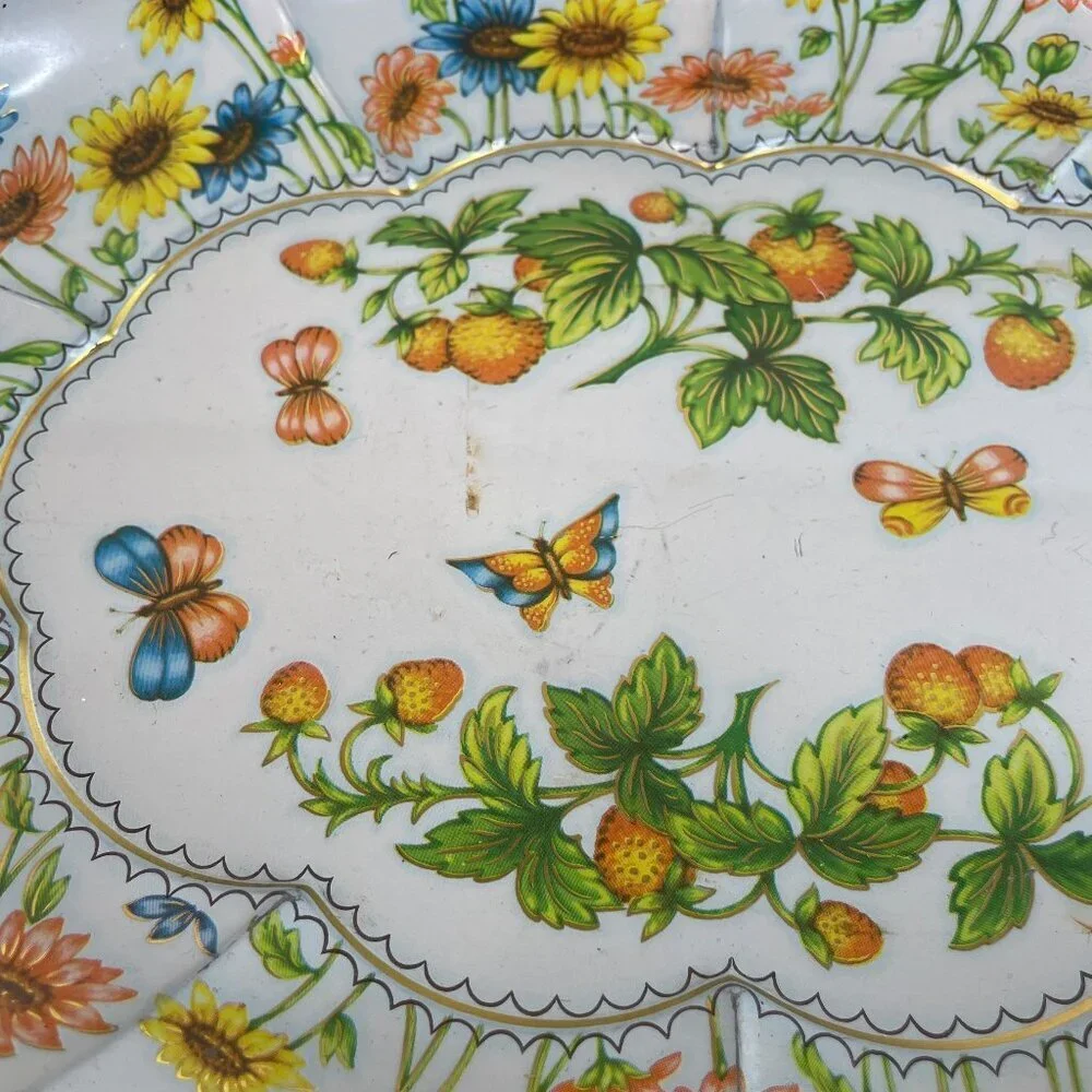 Vintage Daher Decorated Ware Strawberry Butterflies Sunflowers Oval Metal Tray
